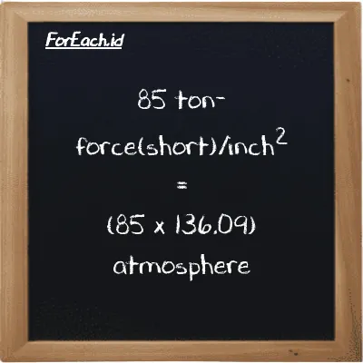 How to convert ton-force(short)/inch<sup>2</sup> to atmosphere: 85 ton-force(short)/inch<sup>2</sup> (tf/in<sup>2</sup>) is equivalent to 85 times 136.09 atmosphere (atm)